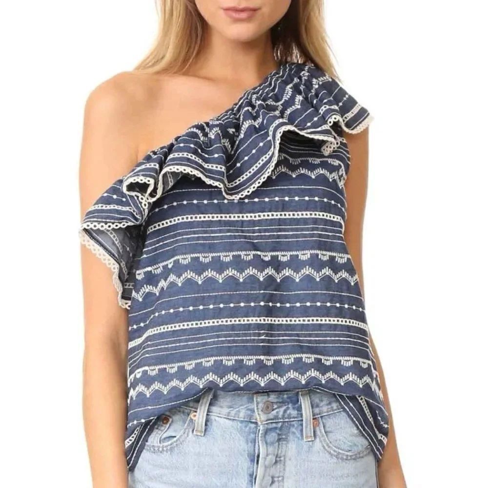 Parker Maple One Shoulder top chambray embroidery ruffle blouse size XS